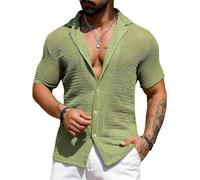 KALUNYA Men's Lightweight Summer Shirt Men's Linen Shirt Short Sleeve Men's Casual Shirts Men's Short Sleeve Shirts Lapel Men's Short Sleeve Shirt Button Up E-Light Green XXL
