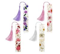 Kaluofan - Marcapáginas de flores secas con borlas, 4 marcapáginas para mujer, marcadores duraderos hechos a mano de resina de flores secas, bonitos y aumentan el interés de lectura, (FB04)