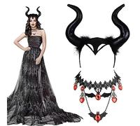 KALUROIL 2 PCS Disfraz Malefica Mujer - Diadema Cuernos Negros-Collar de Encaje Gótico para Mujer - Accesorio de Disfraz de Halloween y Fiesta