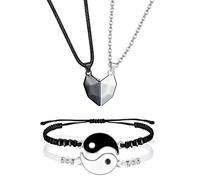 KALVICA 4 Piezas Yin Yang Pulsera Pareja Collar con Colgante de Corazón Collar Pareja Puzzle con Imán Collar De La Amistad Adecuado para Parejas/Familia/Mejores Amigos