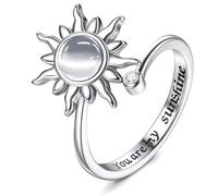 KALVICA Anillo Antiestres de Plata de Ley 925 para Mujer - Abierto Ajustable con Circonita Cúbica, Giratorio de Girasol, Luna Estrella Margarita - Aliviar el Estrés Regalo