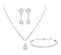 KALVICA Conjunto Collar y Pendientes 3 Piezas para Novia Bisuteria Mujer con Pulsera Ajustable Color Plata Cristales Strass para Boda Damas de Honor y Bodas de Plata