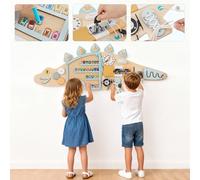Kalyfhng - Cuadro de actividades de madera para dinosaurios, centro de actividades y despertar 12 en 1 con caja de música, engranajes, juego de asociación de letras, juguete sensorial Montessori para