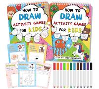 Kalysky 2 Libros para aprender a dibujar para niños, libros de actividades reutilizables con 12 rotuladores, libros para colorear, juguetes de viaje y regalo artístico para niños y niñas