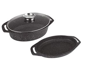 Kamberg Juego de 3 Cacerolas 38 cm x 26 x 12.8, aluminio fundido, revestimiento tipo piedra, tapa de cristal, todo tipo de fuentes de calor, incluida la inducción, sin PFOA