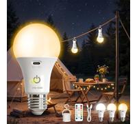 Kambo Bombilla E27 LED recargable con batería control remoto, Sensor táctil iluminación de 7W con función temporizador, 3 temperaturas color para acampar al aire libre, diversión, camping, 1 pieza
