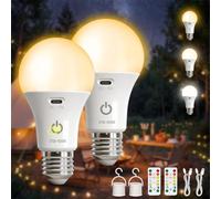 Kambo Bombilla E27 LED recargable con batería control remoto, Sensor táctil iluminación de 7W con función temporizador, 3 temperaturas color para acampar al aire libre, diversión, camping, 2 pieza