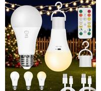 Kambo Bombilla LED E27 recargable USB-C 7W con botón de control, regulable, batería y gancho, iluminación emergencia para interior y exterior, lámpara LED camping, 2 Pieza