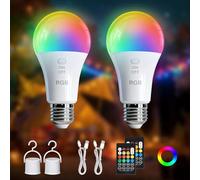 Kambo E27 LED RGB Colores Bombilla, Recargable con mando a distancia, 7 W regulable función cambio de color temporizador para camping al aire libre y Navidad, 2 pizeas
