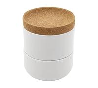Kamenstein Salero y pimentero apilable de corcho y cerámica de 3 piezas para ahorro de espacio en la encimera; tapa giratoria para mantener la frescura para una fácil apertura, 4 x 4 x 4.25 pulgadas,