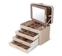 KAMIER - Caja organizadora de joyas de 4 capas con espejo, 3 cajones, caja de joyería grande para pulseras, arete, anillos, collares, regalos del día de la madre para ser querido, color beige