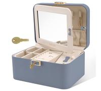 KAMIER Joyero,caja organizadora de joyas de cuero sintético de 2 capas,gran capacidad,doble cerradura y espejo grande,ganchos de collar ocultos,separadores extraíbles,embalaje de caja de regalo