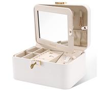 KAMIER Joyero de viaje, organizador de joyas portátil de piel sintética de 2 capas, gran capacidad, doble cerradura y espejo grande, ganchos ocultos para collares, separadores extraíbles, embalaje de