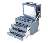 KAMIER Joyeros para mujer, organizador de joyas de 4 capas con espejo, 3 cajones, joyero grande para pulseras, aretes, anillos, collares, regalos del día de la madre para un ser querido, gris azulado