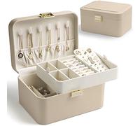 KAMIER Organizador de joyas para mujer, cajas organizadoras de joyas de 2 capas para aretes, pulseras, anillos, collares, cuero de lujo y forro de terciopelo suave, embalaje en caja de regalo,beige