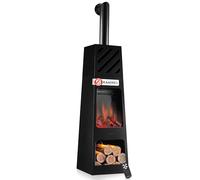KAMINIO Chimenea eléctrica de jardín Kai - Horno terraza eléctrico con calefacción, Efecto de Llama 3D, Almacenamiento de leña, luz Ambiental LED, Control Remoto (X-Large con Tubo)