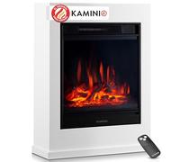 KAMINIO® Chimenea eléctrica de pie con Calefactor [Blanca, Kalle] | Chimenea decorativa con efecto fuego LED en 5 niveles de intensidad, repisa y mando a distancia, lista para usar