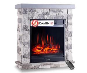 KAMINIO Chimenea eléctrica Juan - Chimenea eléctrica de pie con Aspecto de Piedra, función de calefacción, Efecto de Llama 3D y Mando a Distancia (Gris)