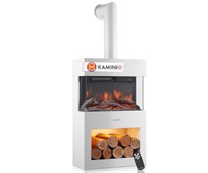 KAMINIO Eléctrica Chimenea Henri con Tubo - Estufa de Chimenea con calefacción, Efecto de Llama 3D, Compartimento para leña, luz Ambiental LED, Control Remoto (Blanco)