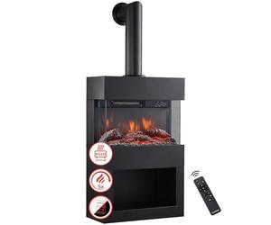 KAMINIO Eléctrica Chimenea Henri con Tubo - Estufa de Chimenea con calefacción, Efecto de Llama 3D, Compartimento para leña, luz Ambiental LED, Control Remoto (Negro)