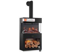 KAMINIO® Henri Chimenea eléctrica con Calefactor & Tubo de Estufa [Negro] | Estufa eléctrica tipo chimenea decorativa con efecto fuego 3D, compartimento con luz LED, termostato, temporizador y mando