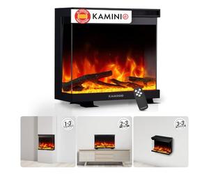 KAMINIO® Lea Pro 24 Chimenea eléctrica Decorativa con Calefactor | 3 en 1 chimenea empotrable, colgante o de pie, vista panorámica con efecto fuego, termostato y mando a distancia, negro