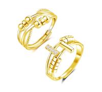 Kamise Anillo de ansiedad, 2 piezas de plata de ley 925, anillos ajustables antiansiedad para mujeres, anillo giratorio de alivio con cuentas de circonita, par de anillos unisex para el estrés para