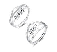 Kamise Anillo de ansiedad, 2 piezas de plata de ley 925, anillos ajustables antiansiedad para mujeres, anillo giratorio de alivio con cuentas de circonita, par de anillos unisex para el estrés para
