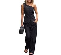 KAMISIGA Trajes negros de 2 piezas para mujer, chaleco de un hombro y pantalones, conjuntos ligeros de oficina para mujer, Negro, XXL