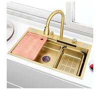 KANBUN 304 Fregadero de Barra de Acero Inoxidable RV Multi-Function Multi-Función con Grifo y caída de ensayo en o Debajo del Montaje (Color: Dorado-A, tamaño 80x45x21cm)