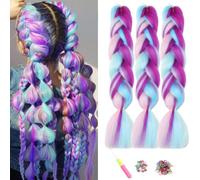 Kanekalon Extensione de Pelo Trenzas Africanas, ShowJarlly 24" Pelo Trenzas Africanas Extensiones,Rainbow Colors Pelo Sintetico Trenzas de Crochet Para Pelo Africanas Extensiones(Lila/Azul/Rosa/Cian)