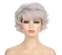 Kaneles Pelucas cortas y rizadas para mujer, color gris, peluca de anciana con flequillo, pelo sintético natural, resistente al calor, para Halloween, cosplay, pelucas completas