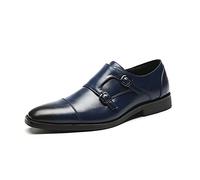 Kanggrei Mocasín sin Cordones con Doble Correa Tipo Monje for Hombre Punta Puntiaguda Oxford de Cuero PU con Punta bruñida Negra(Color:Azul,Size:38 EU)