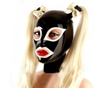 Kangxinsheng Máscara de Látex Negra,Capucha de Látex Hecha a Mano con Peluca y Cremallera Trasera para Disfraces Cosplay XL