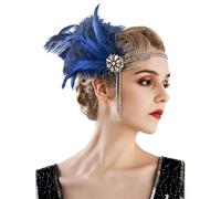 KANLVU Diadema Vintage De Flapper con Flecos Colgantes De Cuentas De Cristal Tocado De Plumas para Accesorios De Corista Boda Temática De Los Años 20, Baile Charleston(Navy Blue)