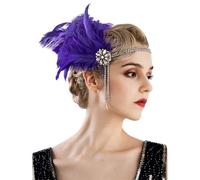KANLVU Diadema Vintage De Flapper con Flecos Colgantes De Cuentas De Cristal Tocado De Plumas para Accesorios De Corista Boda Temática De Los Años 20, Baile Charleston(Purple)