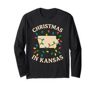 Kansas Christmas Lights Shirt State Outline Decoración navideña Manga Larga