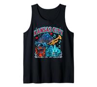 Kansas City Retro Bootleg Skyline BBQ Jazz Fuente Arte Camiseta sin Mangas