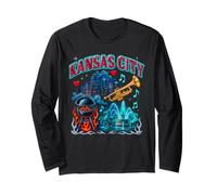 Kansas City Retro Bootleg Skyline BBQ Jazz Fuente Arte Manga Larga