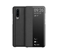 KANSI Compatible con Huawei P30 Funda, Smart View Flip Funda de Cuero + Cristal Templado - Negro