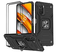 KANSi Funda Compatible con Xiaomi Poco F3 ｜ Xiaomi Mi 11i, Cristal Vidrio Templado [2 Piezas] Capa Anillo iman Soporte Hard PC y Silicona TPU Antigolpes Armor Carcasa - Negro