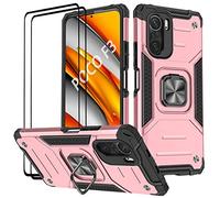 KANSi Funda Compatible con Xiaomi Poco F3 ｜ Xiaomi Mi 11i, Cristal Vidrio Templado [2 Piezas] Capa Anillo iman Soporte Hard PC y Silicona TPU Antigolpes Armor Carcasa - Oro Rosa