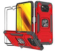 KANSi Funda Compatible con Xiaomi Poco X3 NFC/Poco X3 Pro, Cristal Vidrio Templado [2 Piezas] Capa Anillo iman Soporte Hard PC y Silicona Antigolpes Armor Carcasa - Rojo