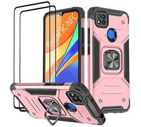 KANSi Funda Compatible con Xiaomi Redmi 9C NFC/Redmi 9C, Cristal Vidrio Templado [2 Piezas] Capa Anillo iman Soporte Hard PC y Silicona TPU Antigolpes Armor Carcasa - Oro Rosa