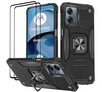 KANSi Funda para Motorola Moto G14, Cristal Vidrio Templado [2 Piezas] Capa Anillo iman Soporte Hard PC y Silicona TPU Antigolpes Armor Carcasa - Negro
