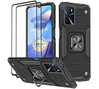 KANSi Funda para OPPO A16 / OPPO A16S / OPPO A54S, Cristal Vidrio Templado [2 Piezas] Capa Anillo iman Soporte Hard PC y Silicona TPU Antigolpes Armor Carcasa - Negro