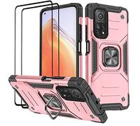 KANSi Funda para Xiaomi Mi 10T Pro/Mi 10T, Cristal Vidrio Templado [2 Piezas] Capa Anillo iman Soporte Hard PC y Silicona TPU Antigolpes Armor Carcasa - Oro Rosa