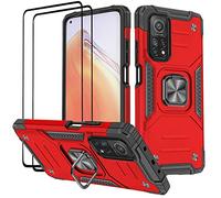 KANSi Funda para Xiaomi Mi 10T Pro/Mi 10T, Cristal Vidrio Templado [2 Piezas] Capa Anillo iman Soporte Hard PC y Silicona TPU Antigolpes Armor Carcasa - Rojo