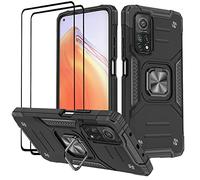 KANSi Funda para Xiaomi Mi 10T Pro/Mi 10T, Cristal Vidrio Templado [2 Piezas] Capa Anillo iman Soporte Hard PC y Silicona TPU Antigolpes Armor Carcasa - Negro