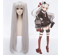 Kantai Collection Amatsukaze 100cm Larga peluca cosplay recta para mujer Cabello sintético para fiesta de anime Disfraz Pelucas Gris plata